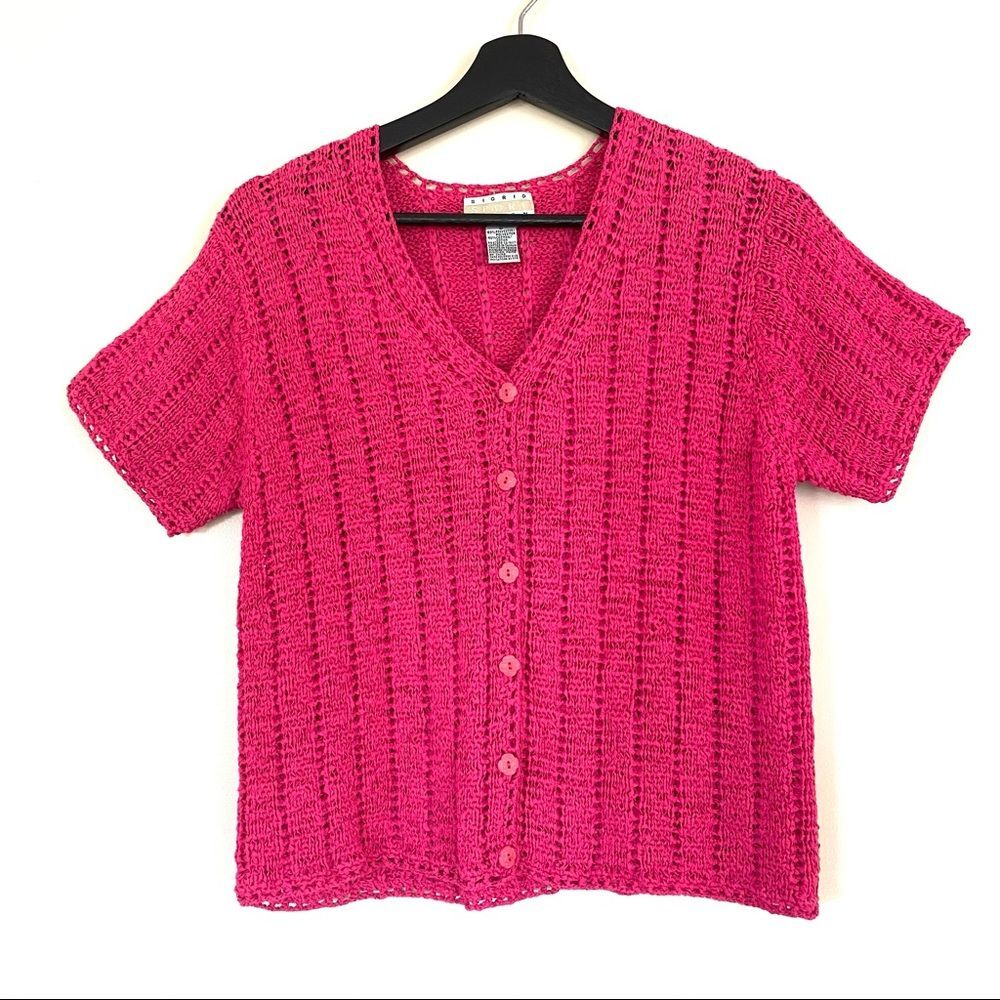 Sigrid Olsen Fuchsia V-Neck Button Front Short Sl… - image 1